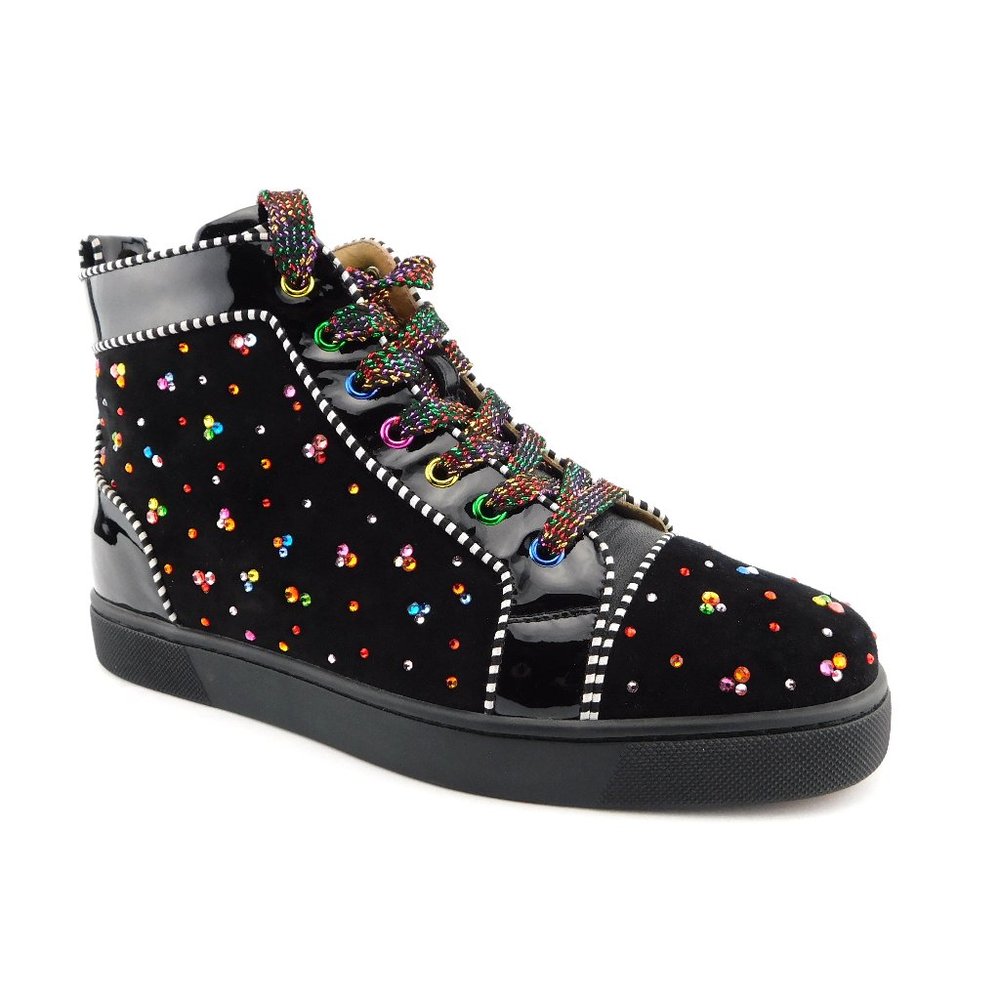 CHRISTIAN LOUBOUTIN Sparkle Crystal Logo Black Leather High Top Sneakers 40